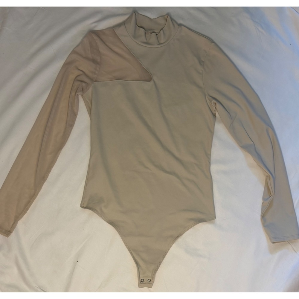 Abercrombie & Fitch Soft A&F Collection Mesh Cutout Mock Neck Bodysuit Beige M